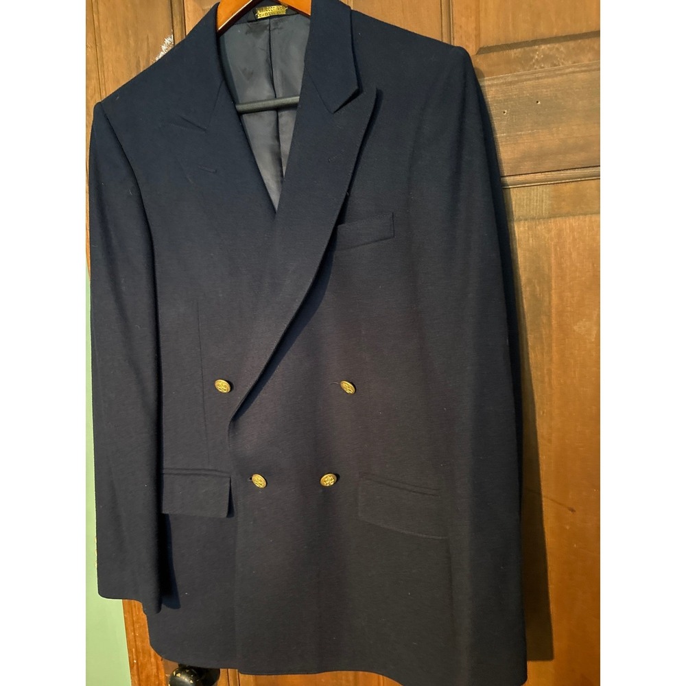 Gentry Mens Navy Blue Double Breasted Blazer Gold Crest Buttons‎ 40R Trimmer Fit